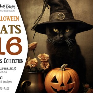 Collection de cartes numériques pour journal indésirable Magic Cats : pages imprimables ATC et journal d'Halloween avec chapeaux noirs, citrouilles, fleurs CU AJ-A138