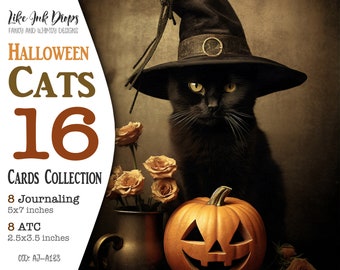 Magic Cats junk journal digital cards collection: Printable Halloween ATC and Journaling pages with black hats, pumpkins, flowers CU AJ-A138