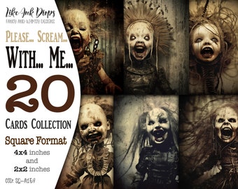 Dark, Gothic and Creepy junk journals ATC cards collection: Printable cards with Screaming Dolls, dark atmospheres and dark tones CU SQ-A159