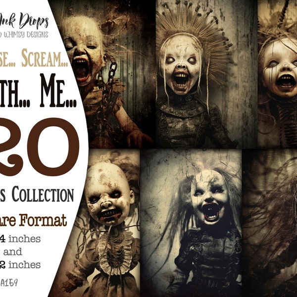 Dark, Gothic and Creepy junk journals ATC cards collection: Printable cards with Screaming Dolls, dark atmospheres and dark tones CU SQ-A159