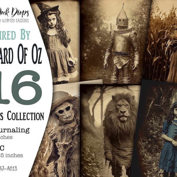 Inspired by Wizard Of Oz ATC cards and Journaling pages: 16 Digital printable sepia Photo-style Serious fairy tale characters, CU, AJ-A018