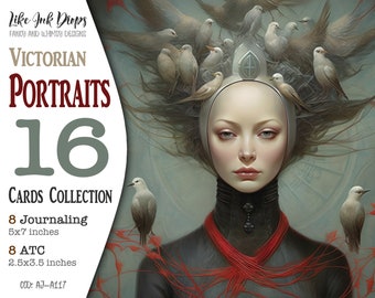 Surrealistische damesportretten in Victoriaanse stijl: digitale verzameling van 16 kleurrijke Junk Journal-pagina's met 8 Journaling- en 8 ATC-kaarten, CU, AJ-A117