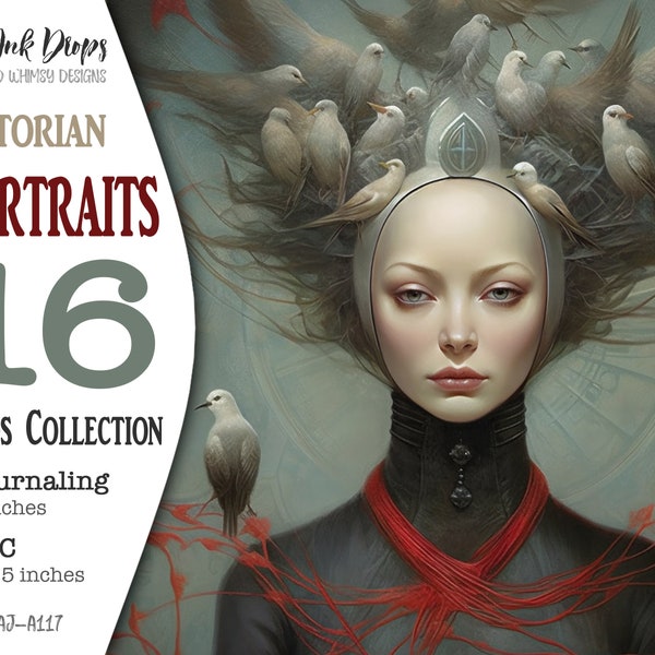 Surreal Victorian style Lady portraits: Digital Collection of 16 Colorful Junk Journal pages with 8 Journaling and 8 ATC cards, CU, AJ-A117