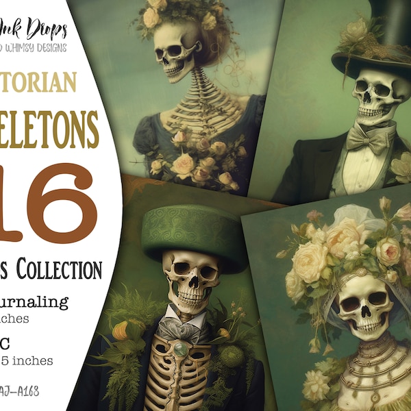 Skeletons Junk Journal Cards: Printable collection of 16 Digital Journaling and ATC with gents and ladies in victorian dresses, CU, AJ-A168