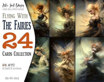 Fairy digital junk journal ATC cards collection: Printable fantasy illustrations with magical winged fairies and floral decor, CU, ATC-A143