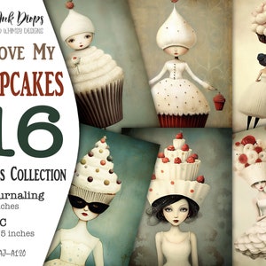 Cupcake Ladies Junk Journals Seiten: Bunte surreale Atc- und Journaling-Karten-Sammlung mit Cupcakes und Sweeties, CU, AJ-A120