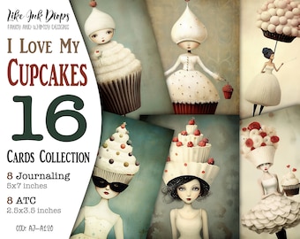 Cupcake Ladies afdrukbare Junk Journals-pagina's: Kleurrijke surrealistische Atc- en Journaling-kaartencollectie met Cupcakes en Sweeties, CU, AJ-A120