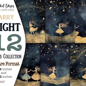 Des petites filles dansent dans une nuit étoilée : papiers numériques poétiques avec danseurs, lune, étoiles et paillettes dorées, pages carrées imprimables CU, SQ-A187