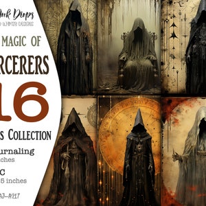 May include: A set of 16 cards depicting cloaked figures, with the title "The Magic of Sorcerers." The collection includes 8 journaling cards, 12.7x17.8 cm, and 8 ATC cards, 6.4x8.9 cm. The design is by Like Ink Drops.