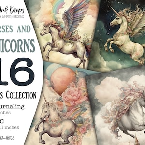 Unicorns and Magic Horses Junk Journal Digital Collection: Printable Vintage Shabby-style 8 Journaling pages and 8 ATC cards, CU, AJ-A058