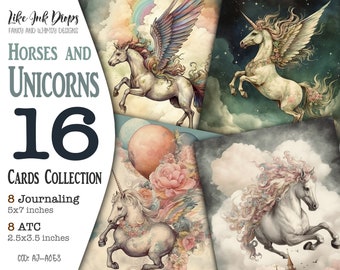 Unicorns and Magic Horses Junk Journal Digital Collection: Printable Vintage Shabby-style 8 Journaling pages and 8 ATC cards, CU, AJ-A058