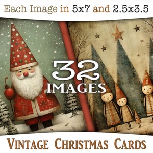 Vintage whimsical Christmas cards: Holidays digital prints with Santa Claus, Christmas trees, gifts, white snow and children, CU AJ-A305