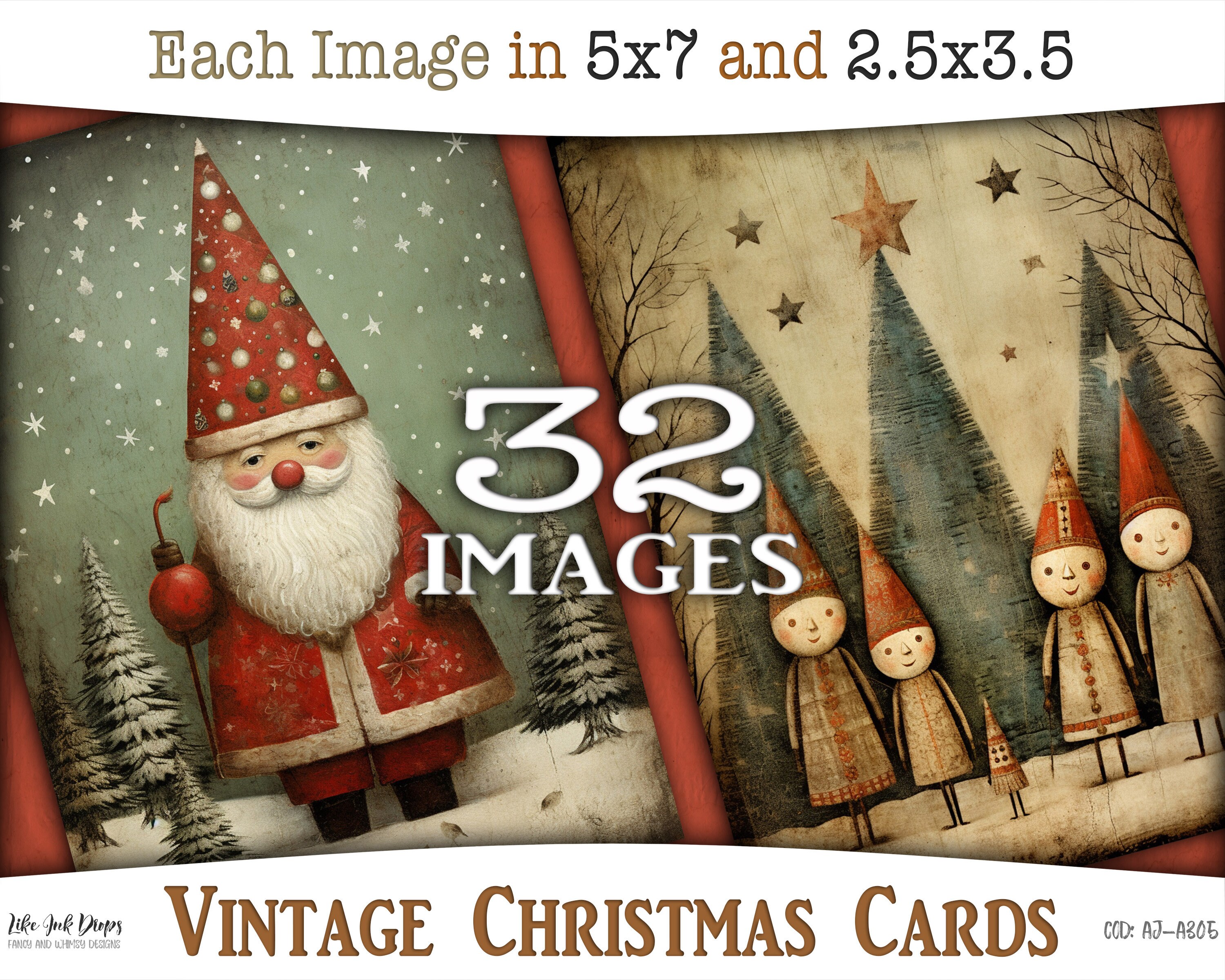 Vintage whimsical Christmas cards: Holidays digital prints with Santa Claus, Christmas trees, gifts, white snow and children, CU AJ-A305