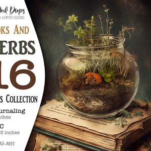 Imagens digitais em aquarela gótica para Junk Journal: 16 livros vintage para impressão, cartões Atc de ervas e flores e páginas de registro no diário, CU, AJ-A062