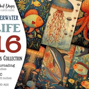 Unterwasser Leben digitales Journaling und ATC Sammlung: Junk Journal druckbare Karten mit Fischen, Tintenfischen, Delfinen und Quallen, CU AJ-A163