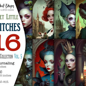 Páginas imprimíveis de Sweet Little Witches: coleção de cartões coloridos e surreais de Junk Journals, Atc e Journaling com flores, velas, CU, AJ-A115