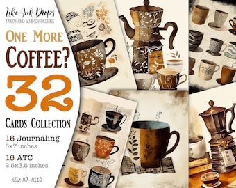 32 Coffee theme Junk Journal Digital collection: 16 Journaling and 16 ATC Coffee Time illustrations with Cups and Coffee Makers, CU, AJ-A110