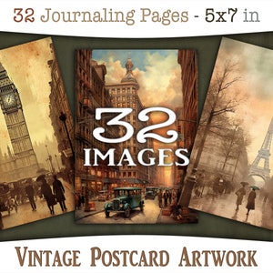 Impressões digitais de cartões postais mundiais: pinturas vintage com algumas das cidades mais famosas do mundo, páginas de diário, paisagens urbanas, CU JOU-A285