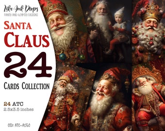Digital Santa Claus junk journal ATC cards collection: 24 printables Christmas colorful cards with Children, Gifts and Elves, CU, ATC-A150