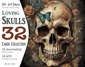 Skulls Digital Junk Journal Cards: Colorful printable collection of 16 Journaling and 16 ATC with flowers and butterflies decor, CU, AJ-A032