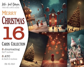 Christmas Junk Journal digital cards collection: Printables with Christmas tree, Santa Claus, Gifts, Family, Children, Houses, CU, AJ-A149