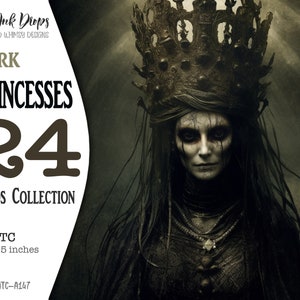 Dark Princesses Junk Journal digitale ATC Karten Sammlung: Druckbare Seiten mit Mädchen, Frauen und Krone im Horror Gothic Stil, CU ATC-A147