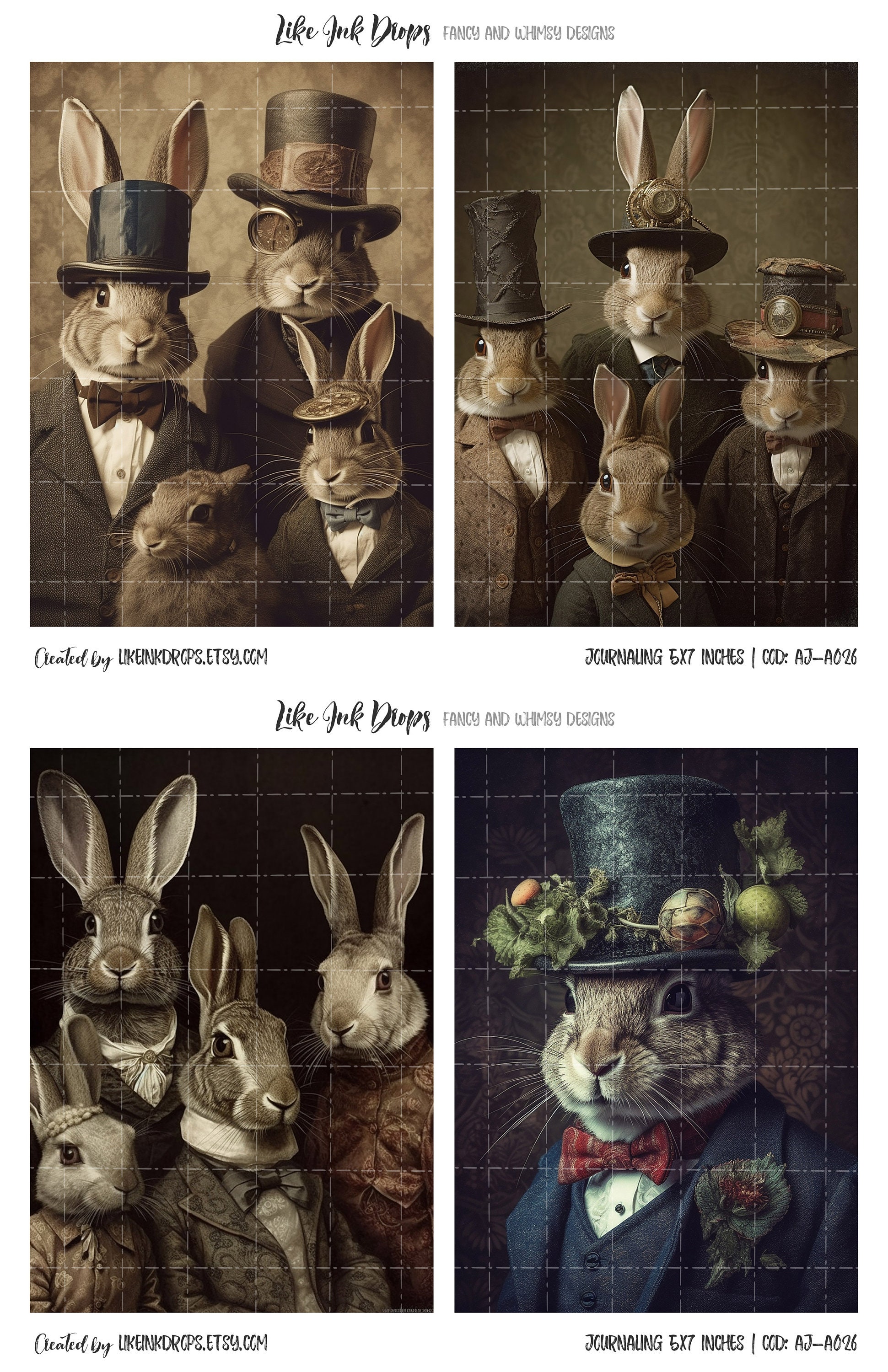 32 Printable Rabbits With Strange Hats Digital Cards Collection: 16 ...