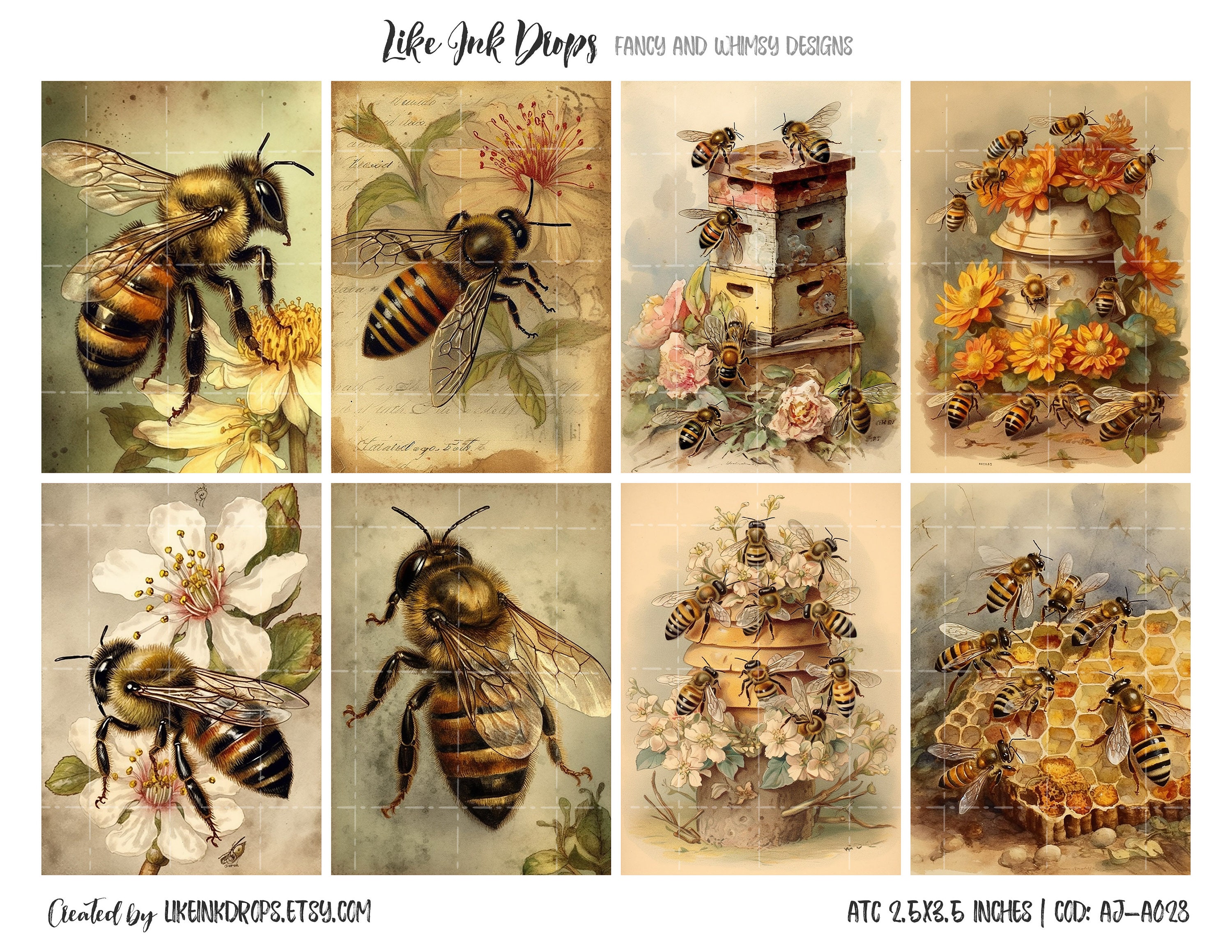 16 Printable Loving Honeybees Digital Cards: Vintage Postcard-style ...