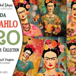 Frida Kahlo tarjetas caprichosas: collage digital imprimible con retrato femenino romántico y decoración floral, medio papel de colores vivos, CU, HP-A182