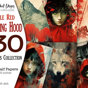 Little Red Riding Hood whimsical double exposure cards: Printable digital half papers with portrait, wolves, forest, mountains, CU, HP-A194