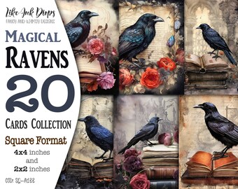 Magical Raven junk journal square cards: 20 Printable 4x4 and 2x2 images with Vintage books, Gothic graves, Tombs and Peonies, CU, SQ-A133