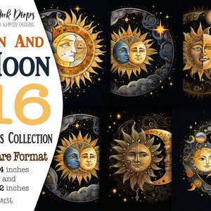 Images numériques célestes mystiques du soleil et de la lune avec étoiles et paillettes dorées : images carrées poétiques et romantiques imprimables 4 x 4, CU, SQ-A185