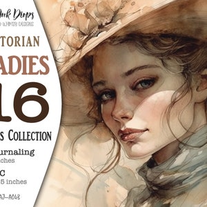 Retratos de mulheres vitorianas: 8 cartões ATC e 8 coleções de aquarela digital com registro em diário, 16 imagens efêmeras em cores suaves, uso comercial, AJ-A043