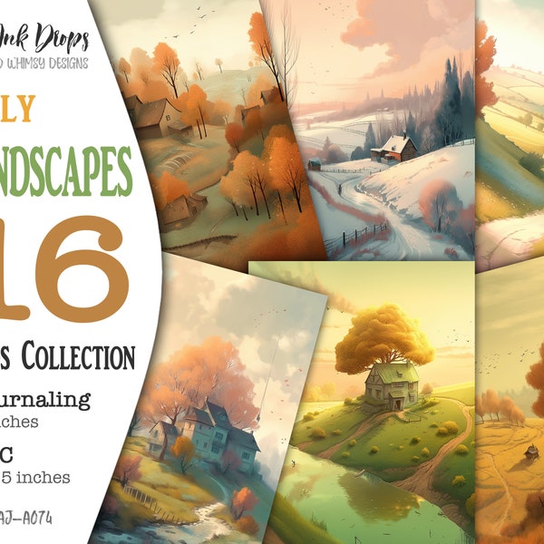 Colorful Four Seasons Images: 16 Printable soft colors Hilly Landscapes, Digital sheets with 8 ATC Cards and 8 Journaling Pages, CU, AJ-A074