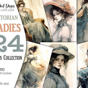 Coleção de retratos em aquarela de Victorian Lady: 24 cartões ATC de diário eletrônico, imagens efêmeras imprimíveis em tons de cores suaves, CU, ATC-A140