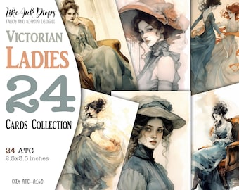 Colección de retratos en acuarela de Victorian Lady: 24 tarjetas ATC de diario basura digital, imágenes efímeras de tonos suaves imprimibles, CU, ATC-A140