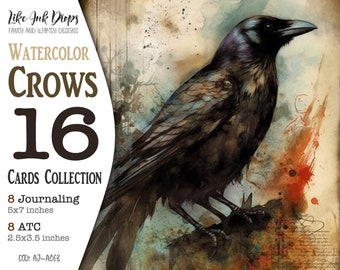 Vintage Crow Images for Junk Journal: 16 Printable Gothic Watercolor Atc and Journaling pages with Books and Flower Decorations CU, AJ-A063