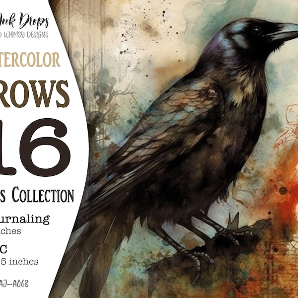 Vintage Crow Images for Junk Journal: 16 Printable Gothic Watercolor Atc and Journaling pages with Books and Flower Decorations CU, AJ-A063