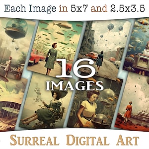 Surrealistische digitale kunst, collages in jaren 50-stijl met dames en heren: afdrukbare ATC en journaling met retro-surrealistische scènes, CU AJ-A275