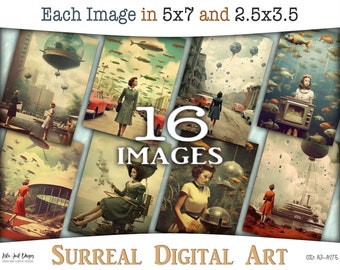 Surreal digital art, 1950s style collages with ladies and gentlemen: Printable ATC and journaling with retro surrealistic scenes, CU AJ-A275