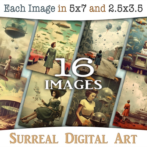 Surreal digital art, 1950s style collages with ladies and gentlemen: Printable ATC and journaling with retro surrealistic scenes, CU AJ-A275