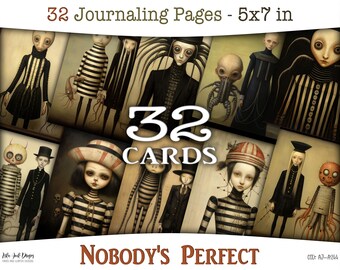 Surreal art printable images: digital junk journal cards collection with girls, men, creepy creature and Victorian atmospheres, CU, JOU-A244