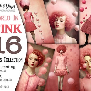 Collection de pages ATC et Journaling surréalistes World in Pink : Joli collage imprimable avec des portraits et des bulles de femmes colorées, CU, AJ-A125