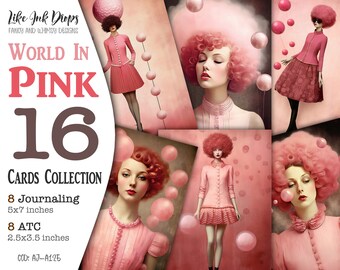 World in Pink surreal ATC and Journaling pages collection: Printable pretty collage with colorful women portraits and bubbles, CU, AJ-A125