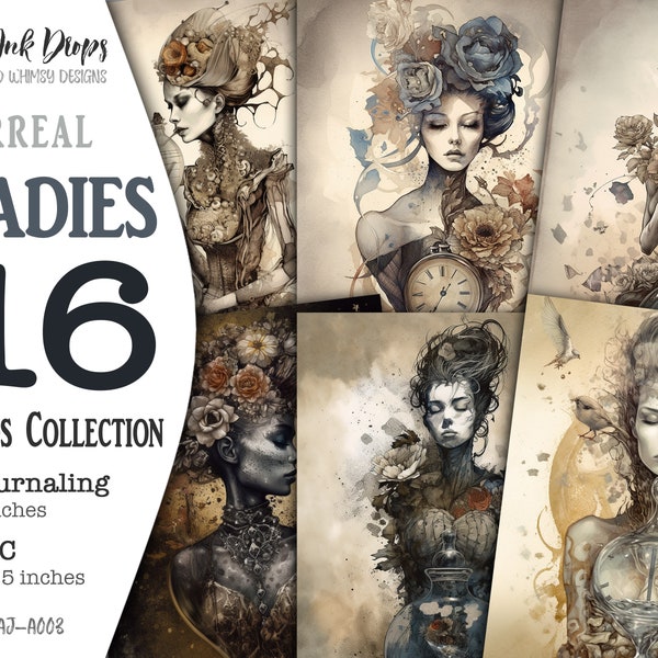Printable Victorain and Gothic style Surreal Ladies collection: 8 ATC Cards and 8 Journaling Pages for Junk Journal, Commercial Use, AJ-A003