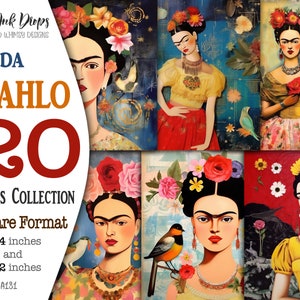 Frida Kahlo grillige vierkante kaarten: 20 afdrukbare digitale collage met romantisch vrouwelijk portret, 4x4 en 2x2 levendige kleurenafbeeldingen, CU, SQ-A181