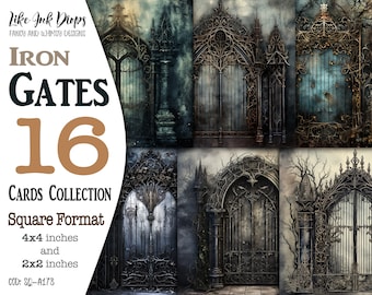 Mystical dark gothic iron Gates digital images for Junk Journals and Altered Art: Printable vintage style square images 4x4, CU, SQ-A178