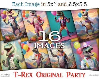 Surreal dinosaurs in hats with bow tie, colorful background and party decor: Printable digital ATC cards and journaling pages, CU, AJ-A293