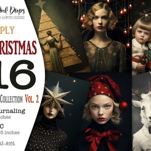 Christmas Junk Journal Digital Collection: Afdrukbare ATC- en Journaliing-kaarten met vrouwen, kerstman, geschenken, kinderen, rendieren CU AJ-A206