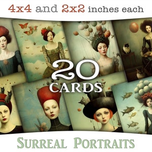 Retratos de mujeres surrealistas impresiones digitales, tarjetas cuadradas de diario basura: Imágenes imprimibles surrealistas y de ensueño en 4"x4" y 2"x2", CU, SQ-A277